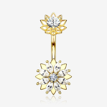 Golden Marquise Sparkle Flower Internally Threaded Belly Button Ring-Clear Gem